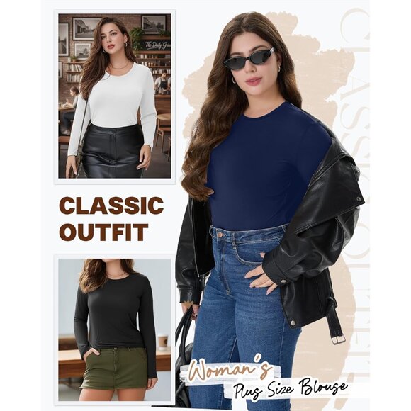 4 Pack Women's Plus Size Long Sleeve Shirts Crew Neck Casual Tops - Picture 7 of 7